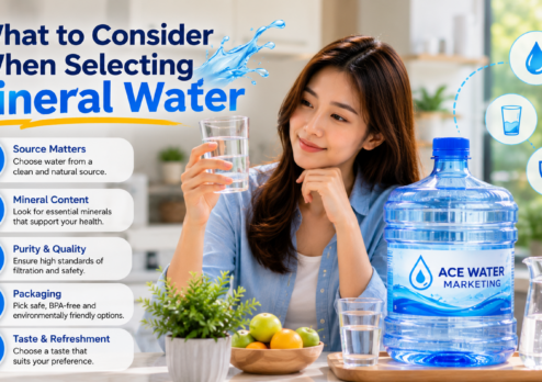 A woman examines a glass of mineral water while a 19L water bottle is displayed beside her. The infographic highlights key factors to consider when selecting mineral water, including a natural source, mineral content, purity, packaging, and taste for safe, healthy daily hydration.
