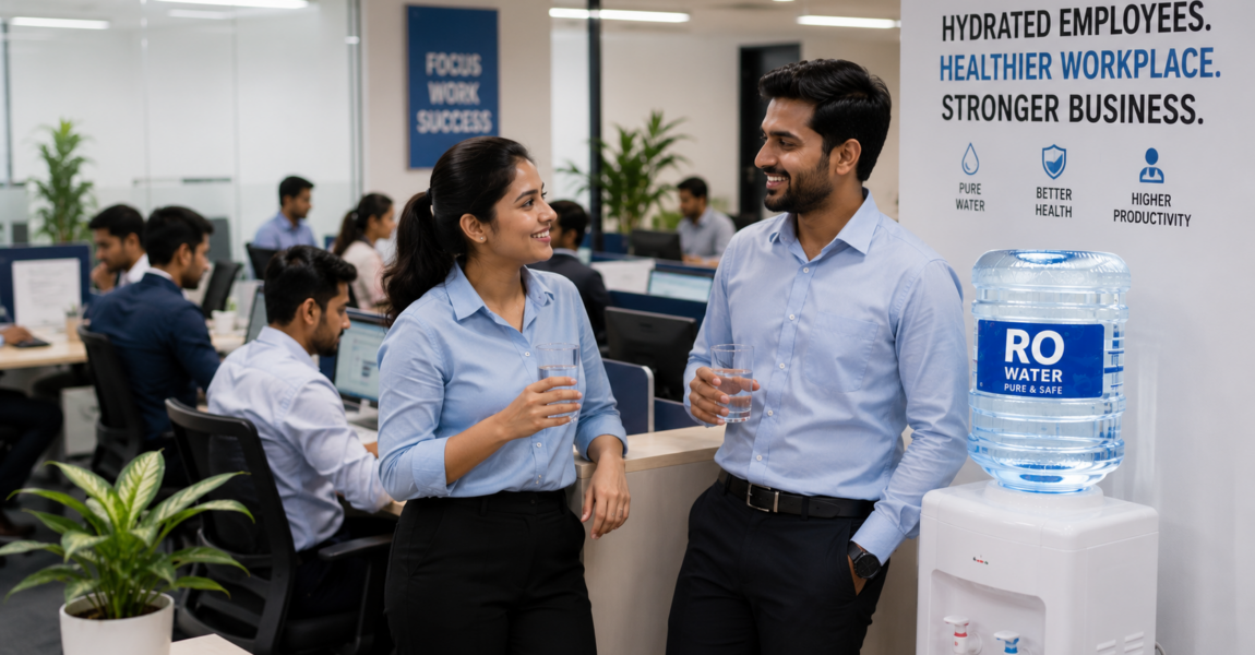 Employees in a modern office enjoy glasses of RO water beside a water dispenser, highlighting how businesses support workplace hydration, employee wellness, better health, and improved productivity through access to clean and purified drinking water.