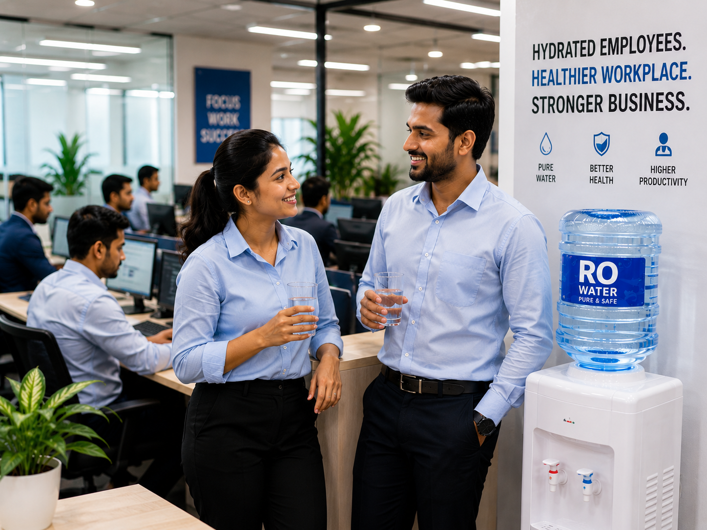 Employees in a modern office enjoy glasses of RO water beside a water dispenser, highlighting how businesses support workplace hydration, employee wellness, better health, and improved productivity through access to clean and purified drinking water.