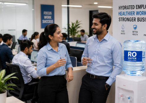 Employees in a modern office enjoy glasses of RO water beside a water dispenser, highlighting how businesses support workplace hydration, employee wellness, better health, and improved productivity through access to clean and purified drinking water.