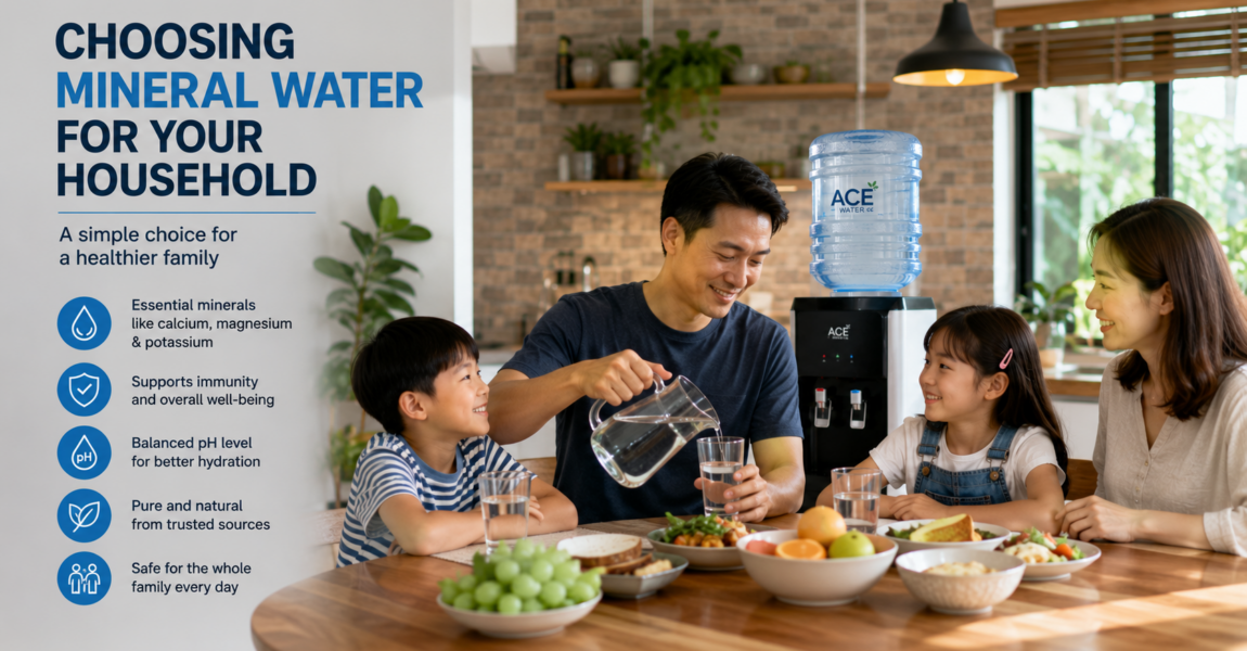 A family enjoys glasses of mineral water together at the dining table, highlighting how choosing quality mineral water supports healthy hydration and everyday family wellness.