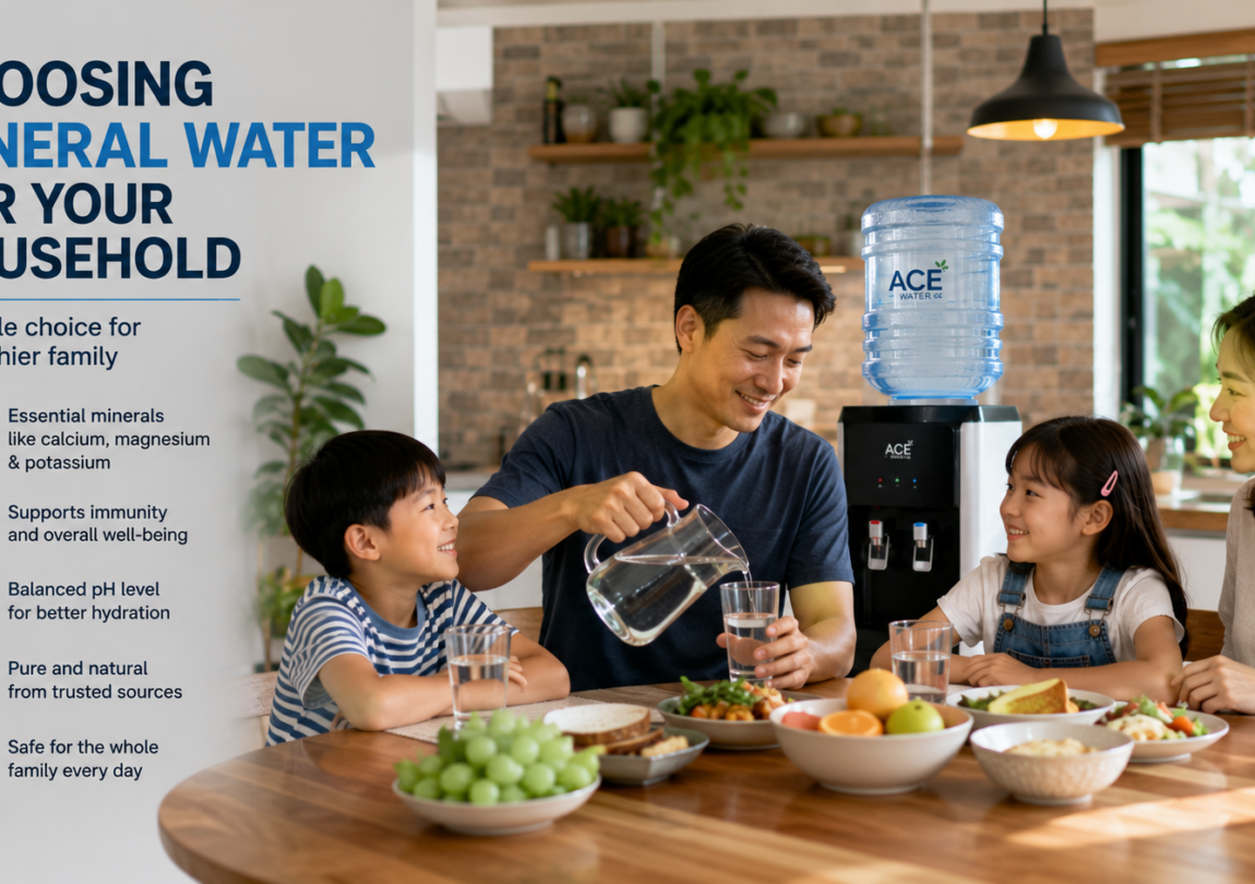 A family enjoys glasses of mineral water together at the dining table, highlighting how choosing quality mineral water supports healthy hydration and everyday family wellness.