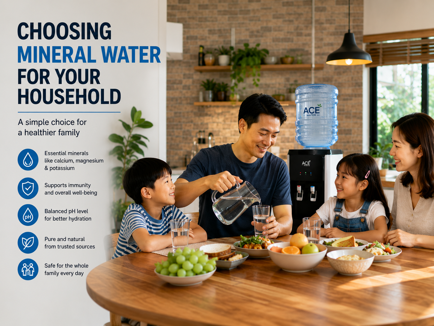 A family enjoys glasses of mineral water together at the dining table, highlighting how choosing quality mineral water supports healthy hydration and everyday family wellness.