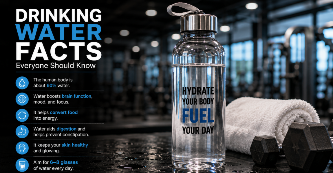 A reusable water bottle beside gym equipment highlights the importance of staying hydrated every day for energy, focus, digestion, healthy skin, and overall well-being.