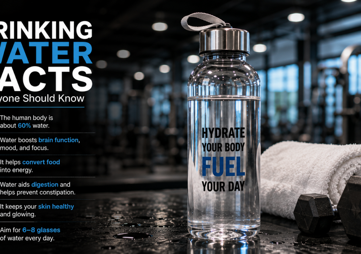 A reusable water bottle beside gym equipment highlights the importance of staying hydrated every day for energy, focus, digestion, healthy skin, and overall well-being.