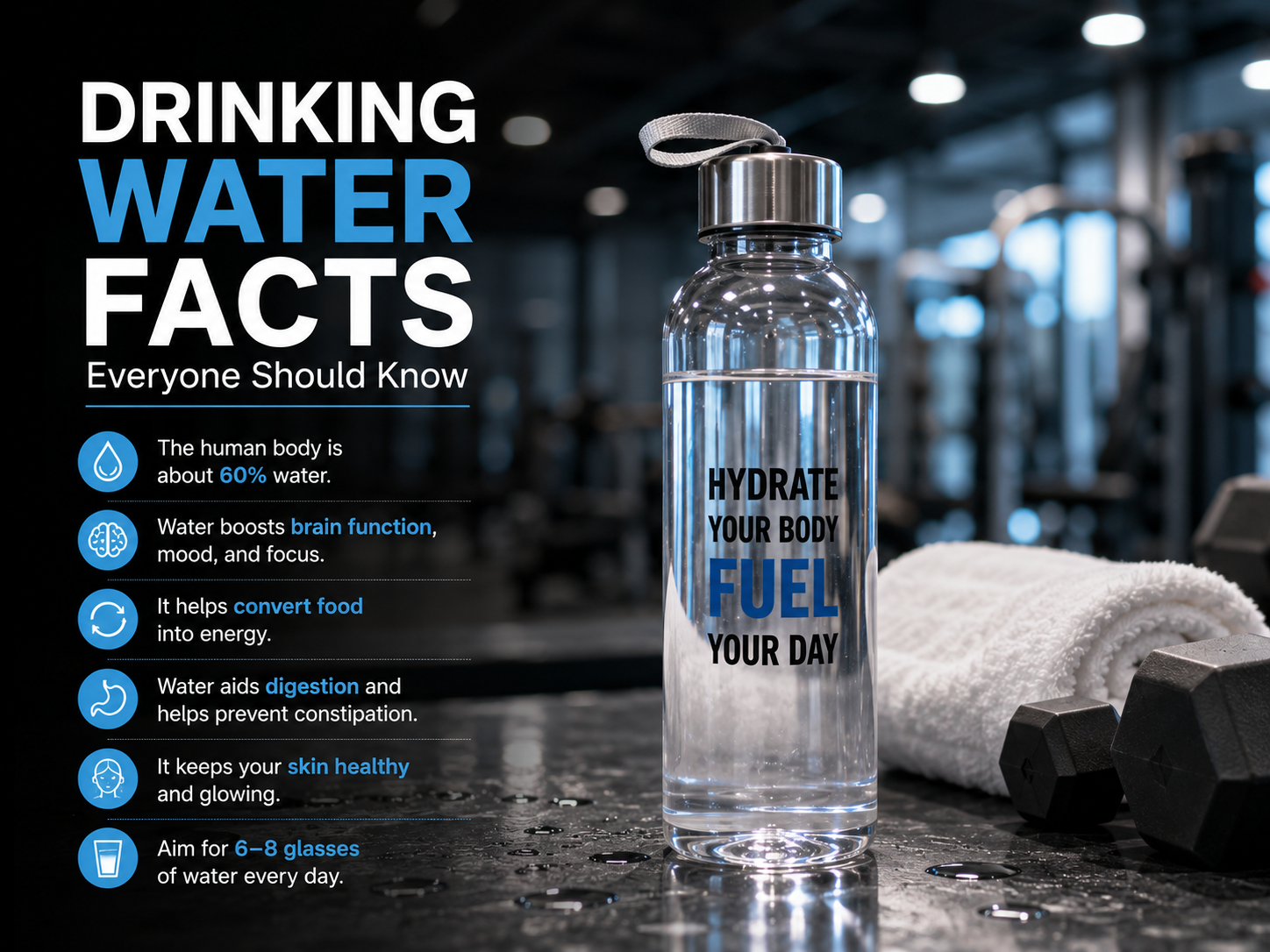 A reusable water bottle beside gym equipment highlights the importance of staying hydrated every day for energy, focus, digestion, healthy skin, and overall well-being.