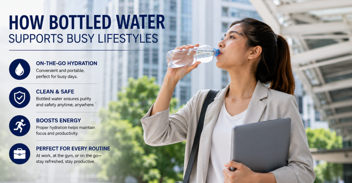 A busy professional drinks bottled water while walking through the city, highlighting how bottled water provides convenient, safe hydration for people with active, fast-paced lifestyles.
