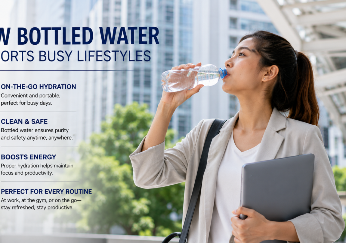A busy professional drinks bottled water while walking through the city, highlighting how bottled water provides convenient, safe hydration for people with active, fast-paced lifestyles.
