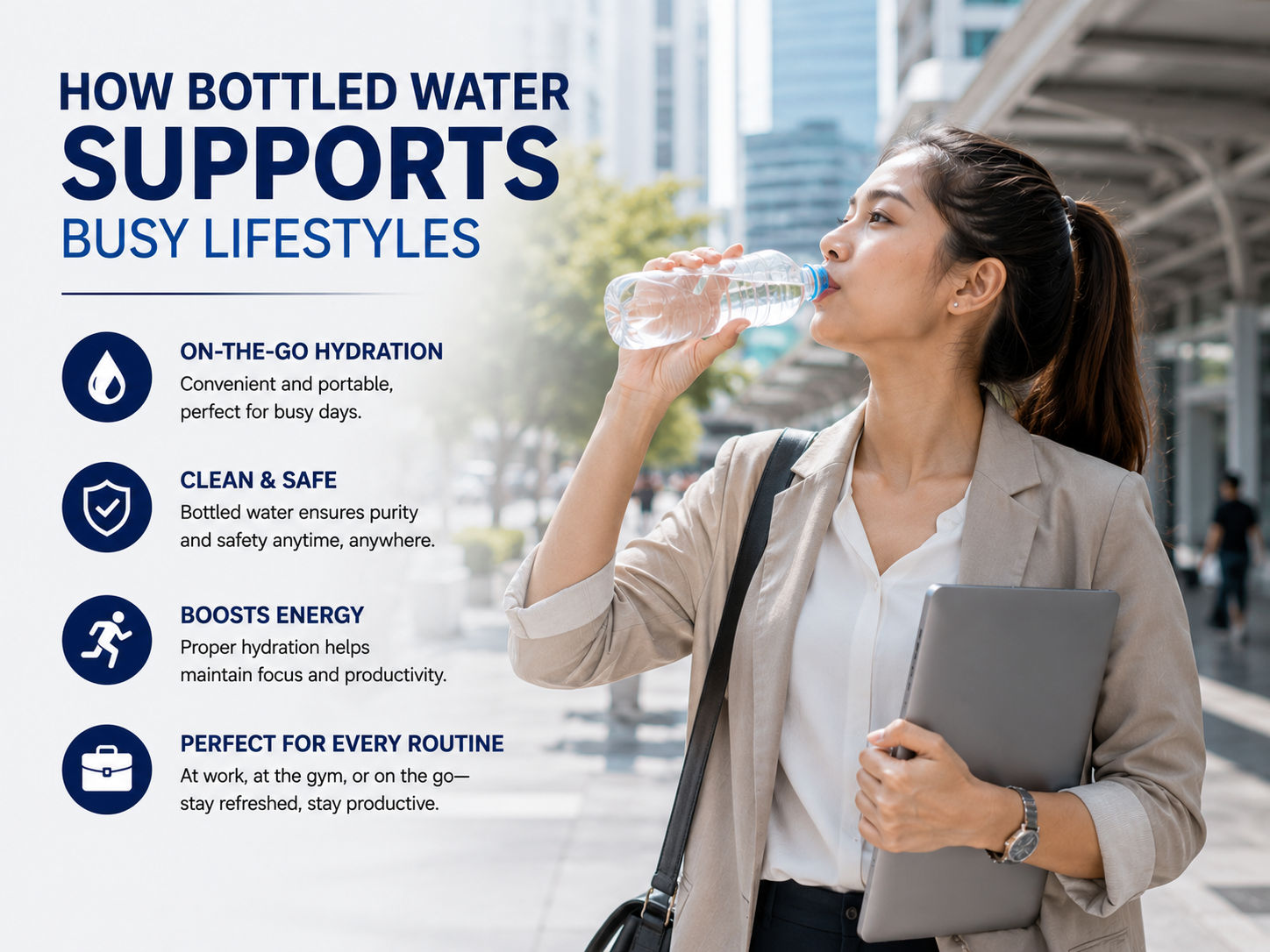 A busy professional drinks bottled water while walking through the city, highlighting how bottled water provides convenient, safe hydration for people with active, fast-paced lifestyles.