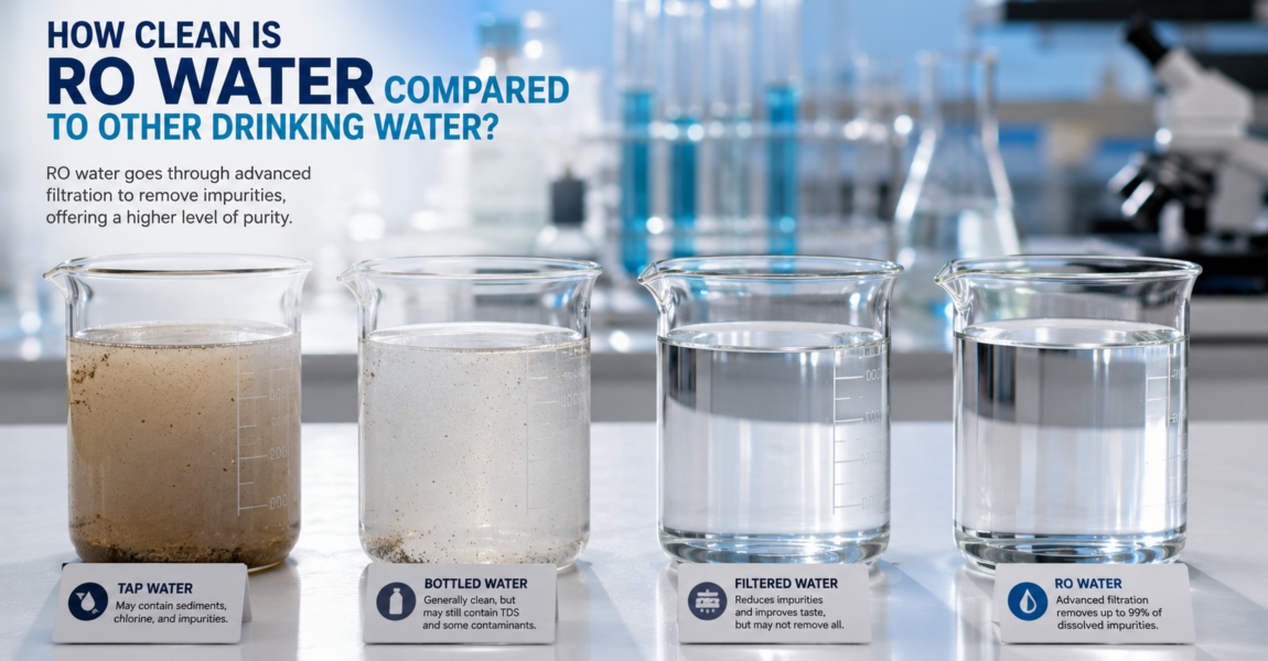Comparison of tap water, bottled water, filtered water, and RO water in laboratory beakers, showing how reverse osmosis provides a higher level of water purity through advanced filtration.