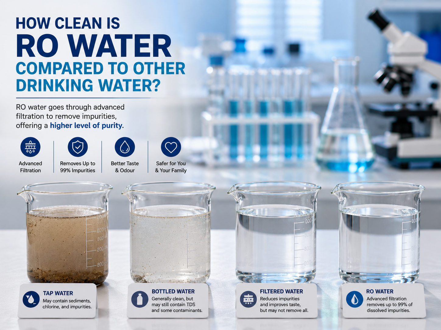 Comparison of tap water, bottled water, filtered water, and RO water in laboratory beakers, showing how reverse osmosis provides a higher level of water purity through advanced filtration.