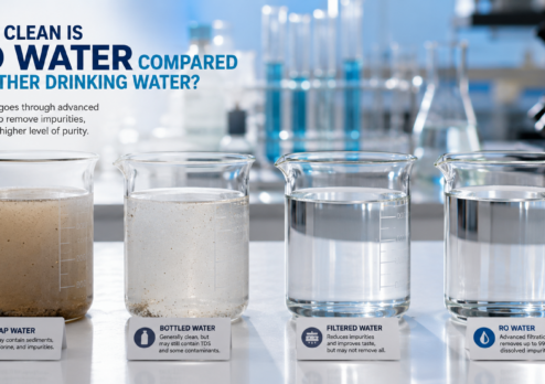 Comparison of tap water, bottled water, filtered water, and RO water in laboratory beakers, showing how reverse osmosis provides a higher level of water purity through advanced filtration.