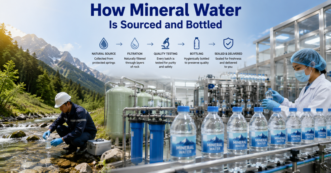 A technician collecting mineral water from a protected natural spring while a modern bottling facility filters, tests, bottles, and seals the water before distribution, illustrating how mineral water is sourced and bottled.