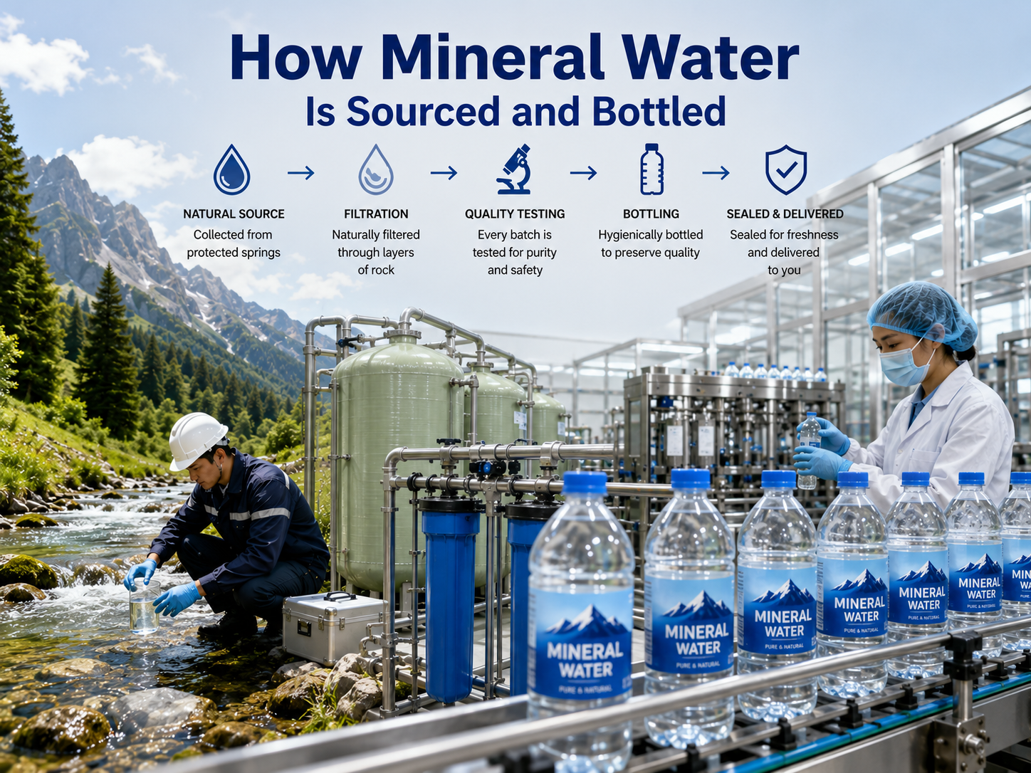 A technician collecting mineral water from a protected natural spring while a modern bottling facility filters, tests, bottles, and seals the water before distribution, illustrating how mineral water is sourced and bottled.