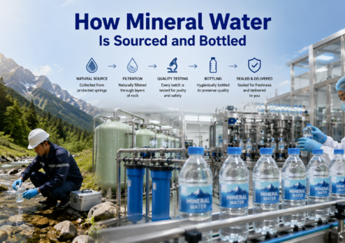 A technician collecting mineral water from a protected natural spring while a modern bottling facility filters, tests, bottles, and seals the water before distribution, illustrating how mineral water is sourced and bottled.
