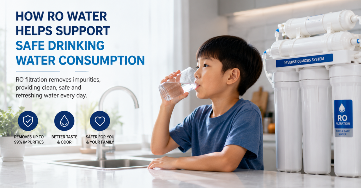 A young boy drinking clean RO water beside a reverse osmosis filtration system, highlighting safe, pure, and refreshing drinking water for daily consumption.