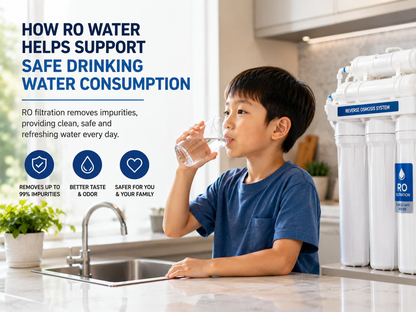 A young boy drinking clean RO water beside a reverse osmosis filtration system, highlighting safe, pure, and refreshing drinking water for daily consumption.