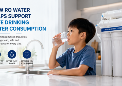 A young boy drinking clean RO water beside a reverse osmosis filtration system, highlighting safe, pure, and refreshing drinking water for daily consumption.
