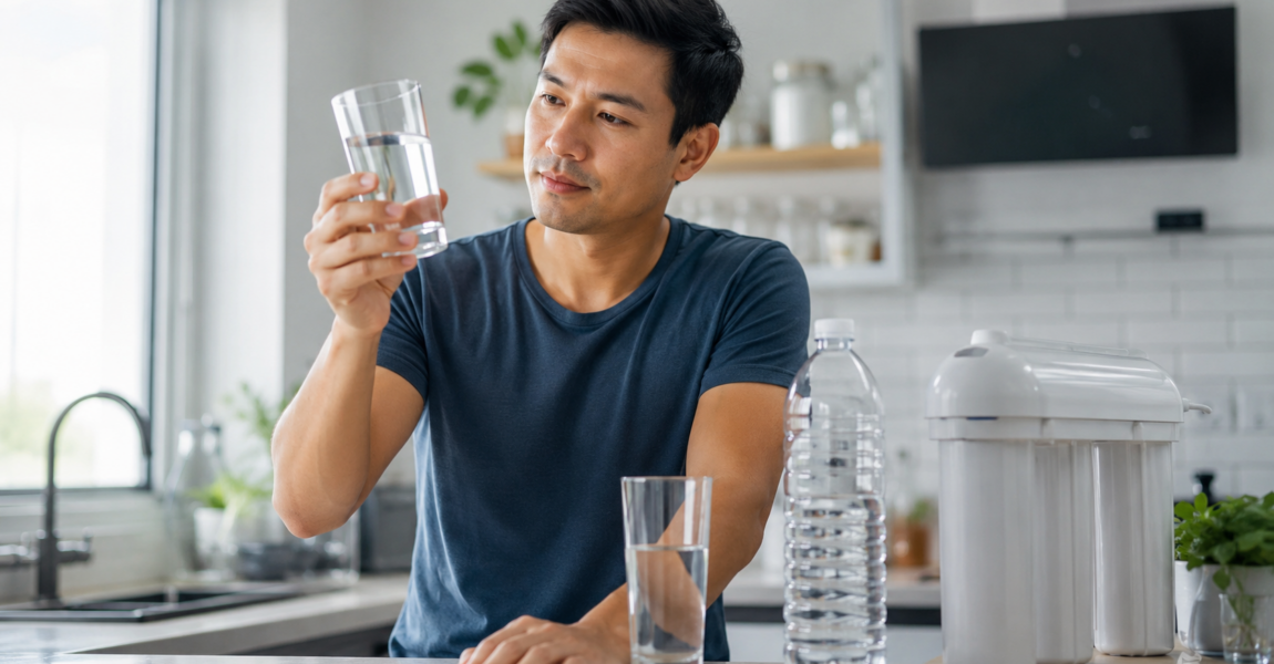 A man examines a clear glass of drinking water in his kitchen while comparing bottled water and a home filtration system to choose high-quality drinking water for everyday use.