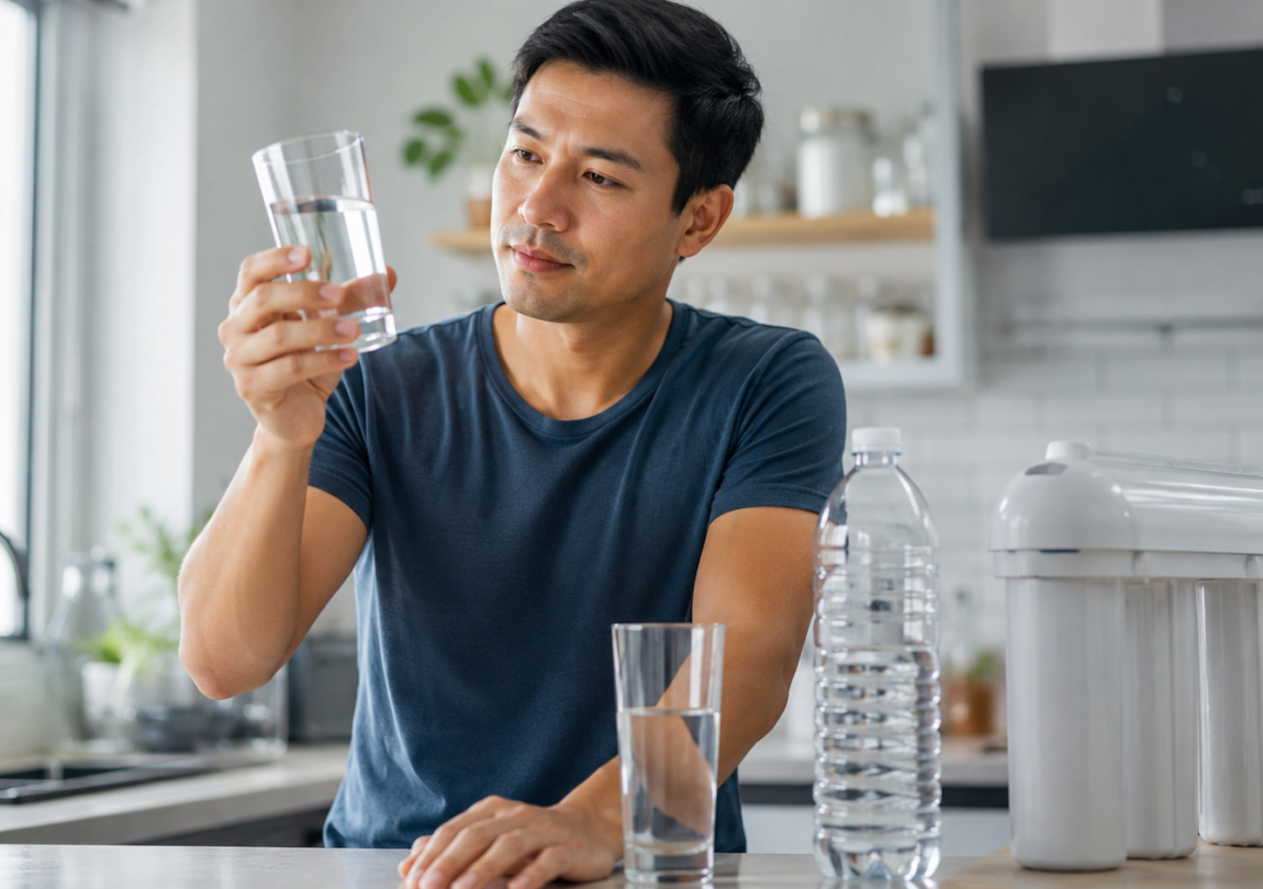 A man examines a clear glass of drinking water in his kitchen while comparing bottled water and a home filtration system to choose high-quality drinking water for everyday use.