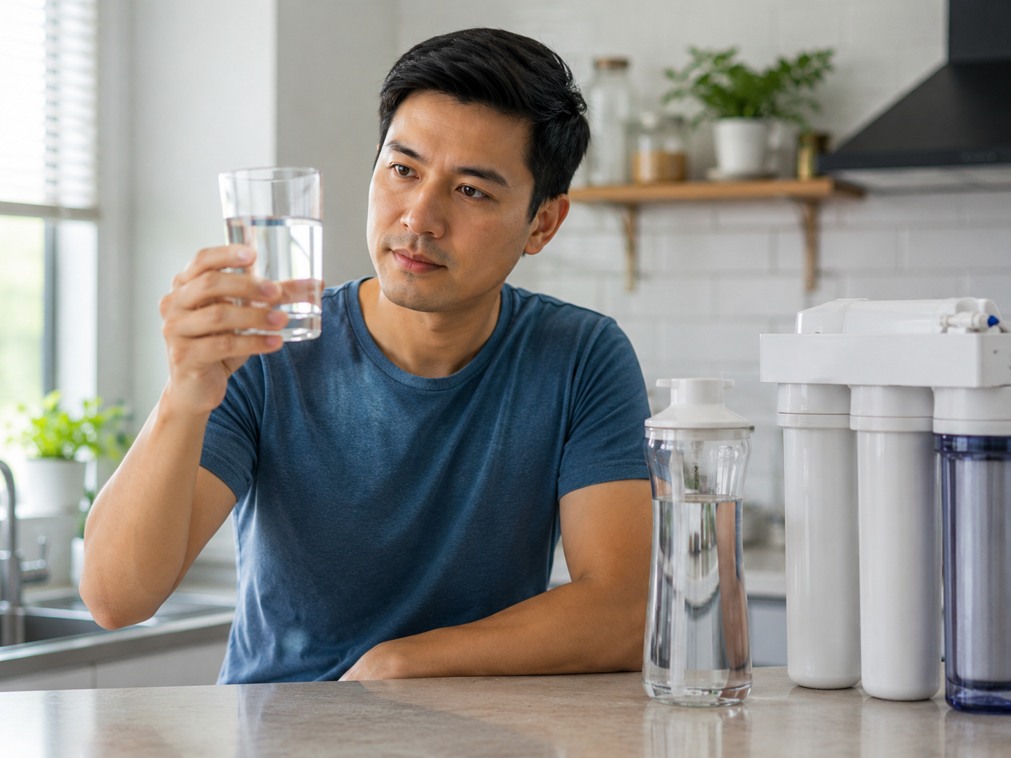 A man examines a clear glass of drinking water in his kitchen while comparing bottled water and a home filtration system to choose high-quality drinking water for everyday use.