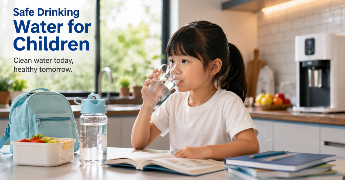 A young child drinking clean water at home beside a reusable water bottle, school books, a backpack, and a healthy lunch, highlighting the importance of safe drinking water for children.
