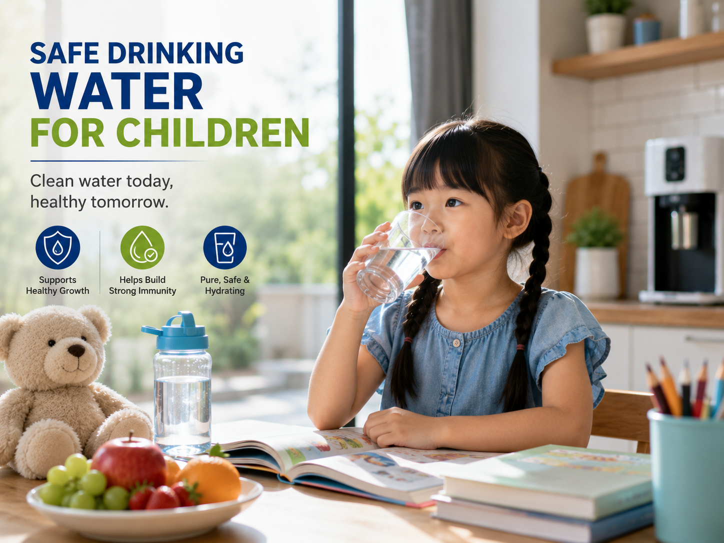 A young girl drinking clean water at home beside a reusable water bottle, books, fresh fruits, and a teddy bear, highlighting the importance of safe drinking water for children’s daily hydration and healthy growth.