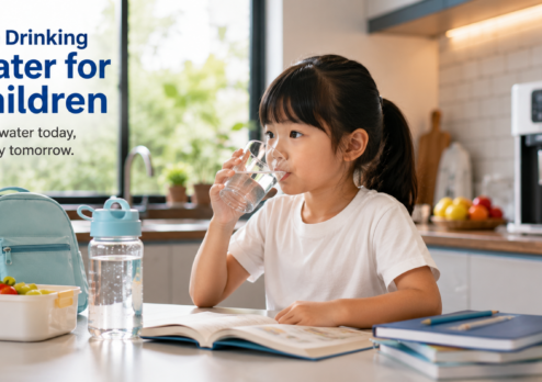 A young child drinking clean water at home beside a reusable water bottle, school books, a backpack, and a healthy lunch, highlighting the importance of safe drinking water for children.