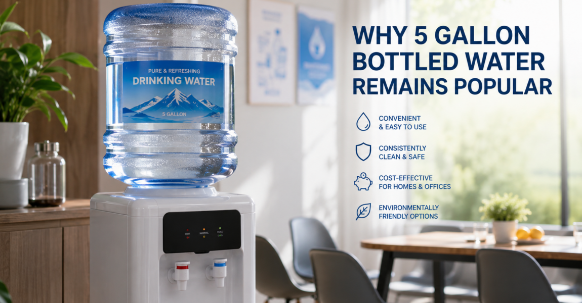 5-gallon bottled water dispenser in a bright modern office, providing convenient, clean and cost-effective drinking water for daily hydration.