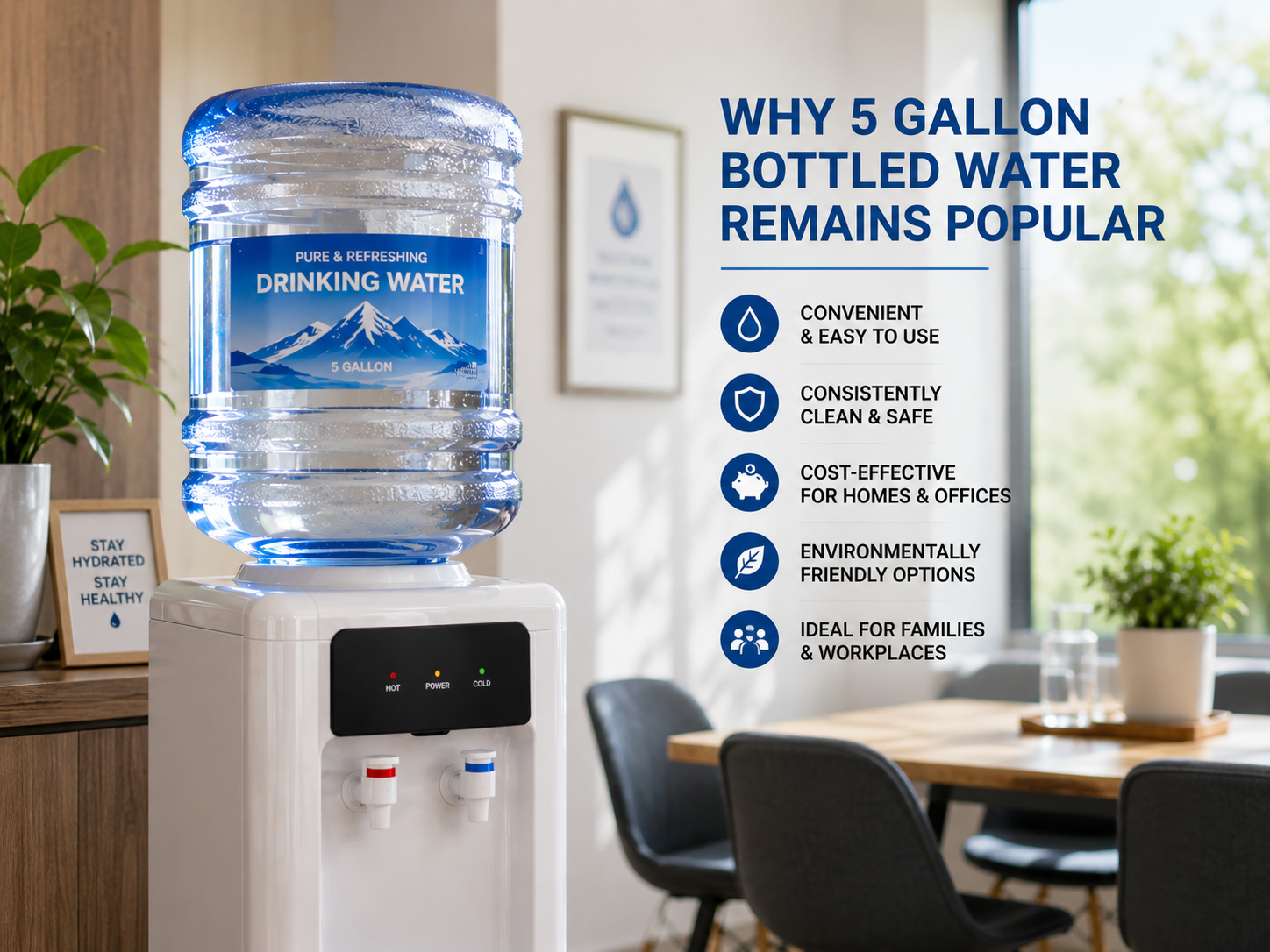 5-gallon bottled water dispenser in a bright modern office, providing convenient, clean and cost-effective drinking water for daily hydration.