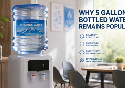 5-gallon bottled water dispenser in a bright modern office, providing convenient, clean and cost-effective drinking water for daily hydration.