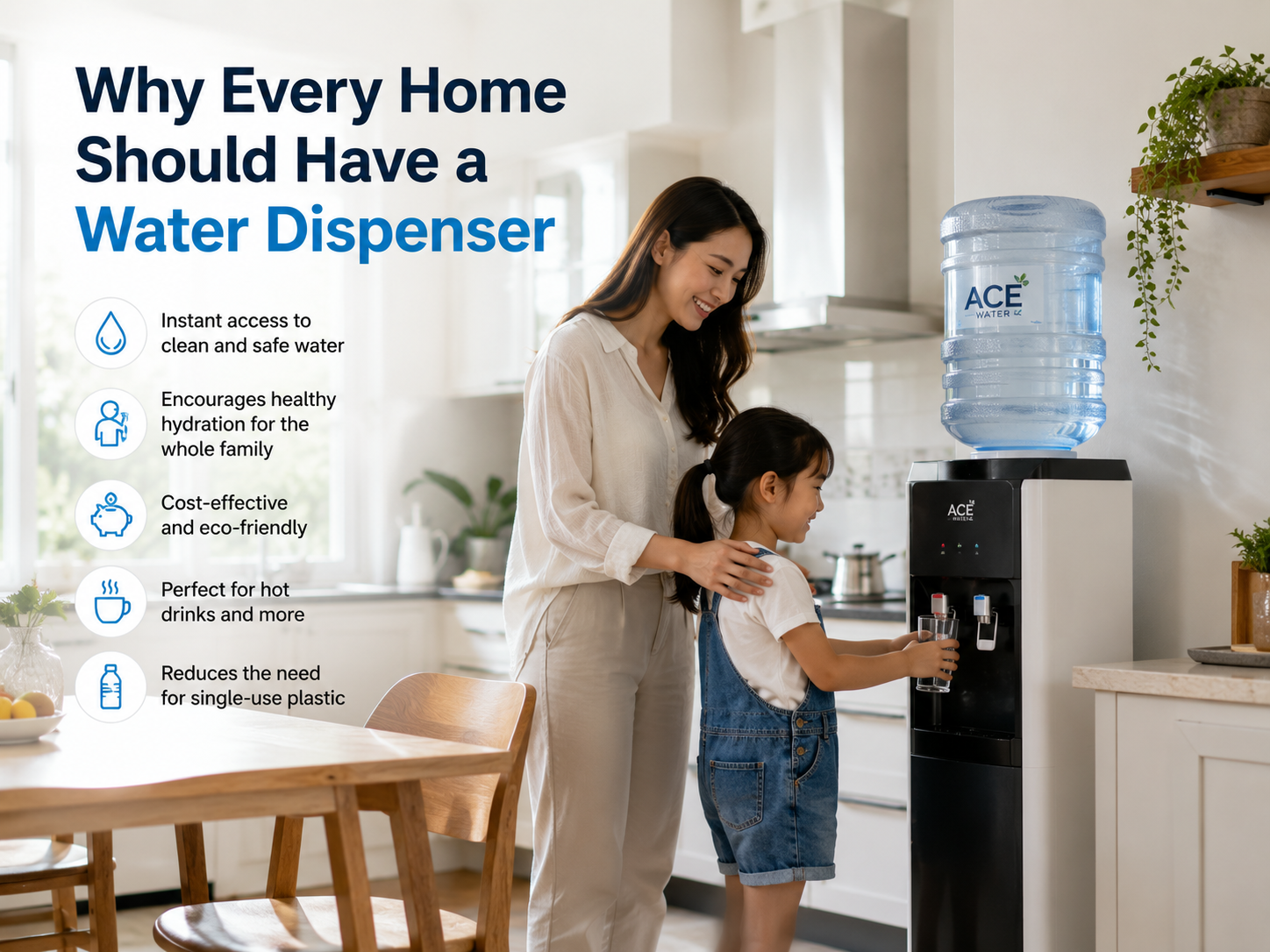 A mother and daughter use a water dispenser in a bright home kitchen, showing how easy access to clean drinking water encourages healthy daily hydration for the whole family.