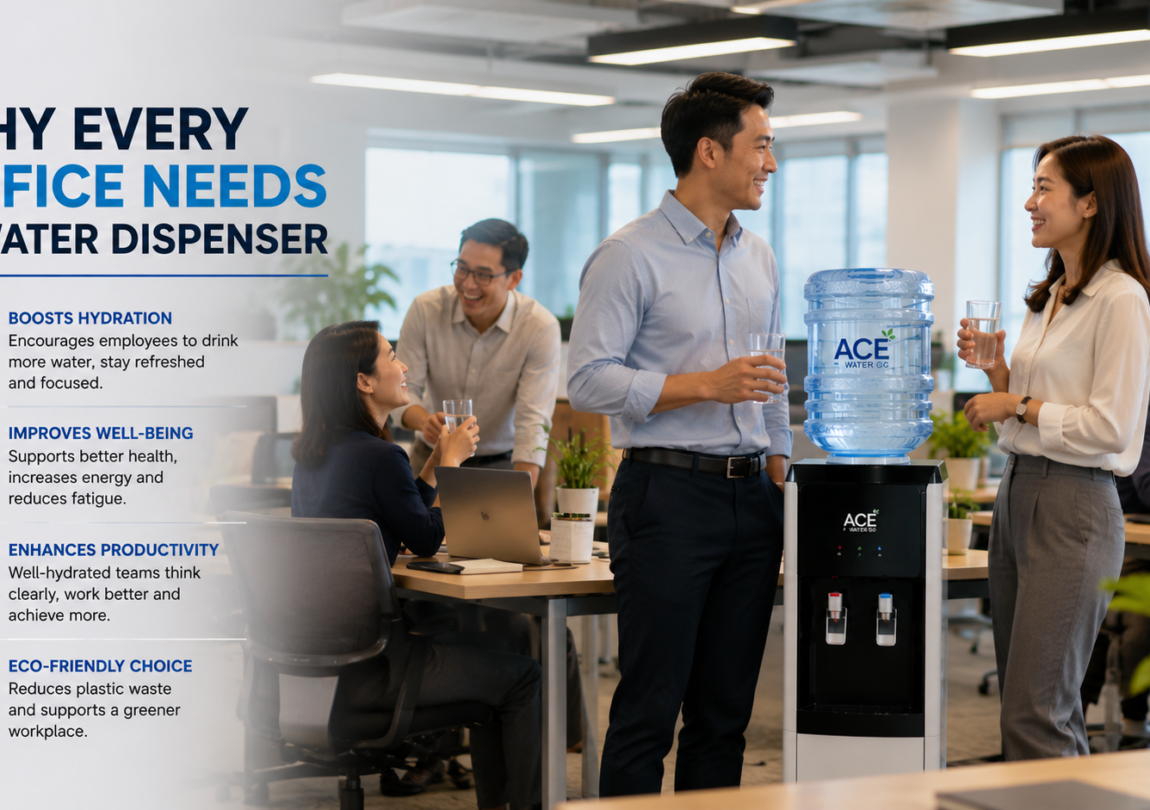 Office employees enjoy fresh drinking water from a water dispenser, promoting workplace hydration, employee wellness, and improved productivity throughout the workday.