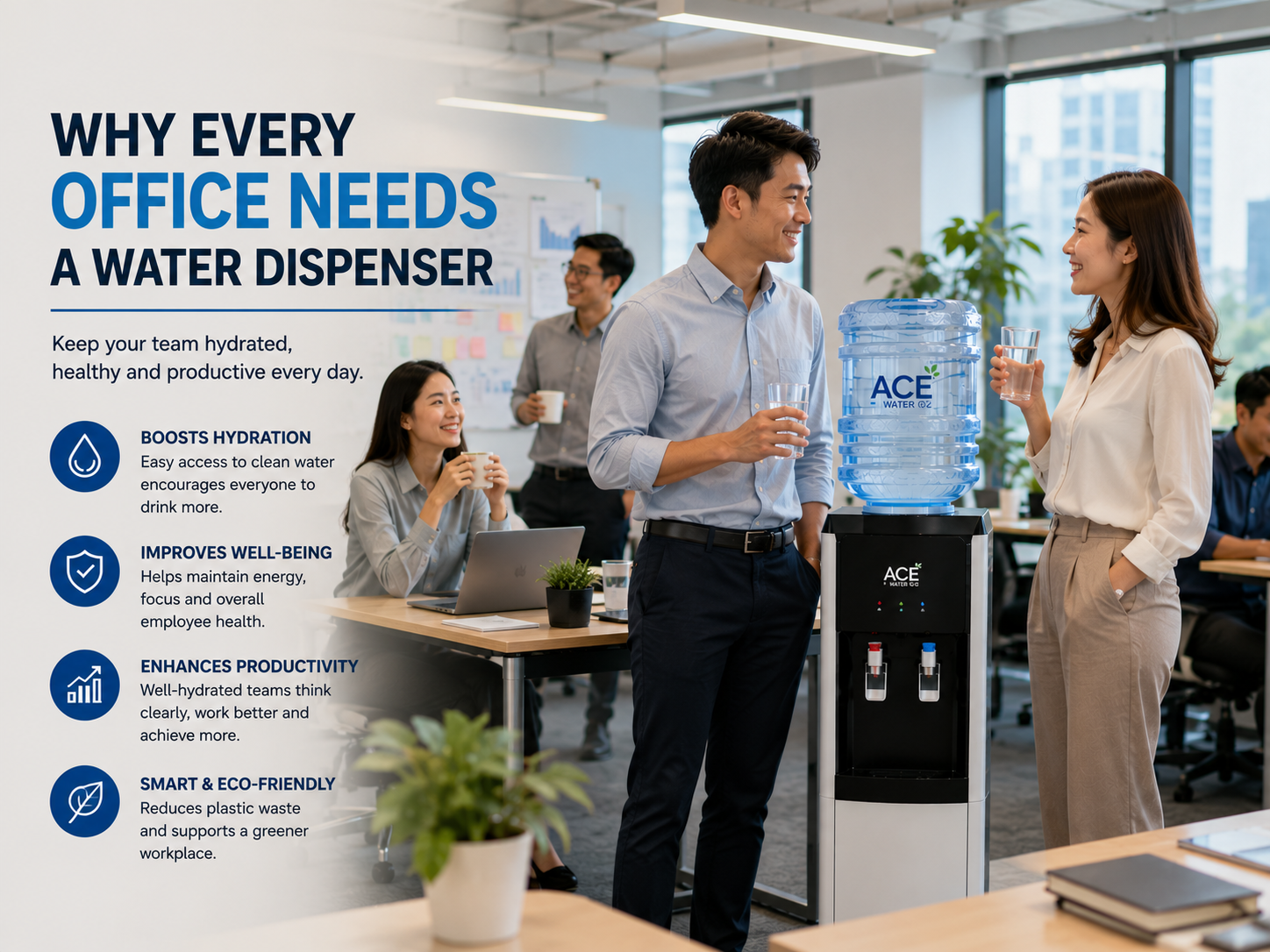 Office employees enjoy fresh drinking water from a water dispenser, promoting workplace hydration, employee wellness, and improved productivity throughout the workday.
