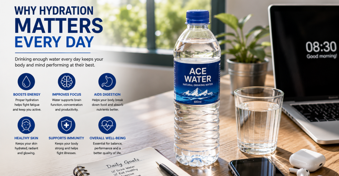 A bottle of drinking water sits on a work desk beside a glass of water, laptop, smartphone, and daily planner, representing the importance of staying hydrated every day to support energy, focus, digestion, and overall well-being.