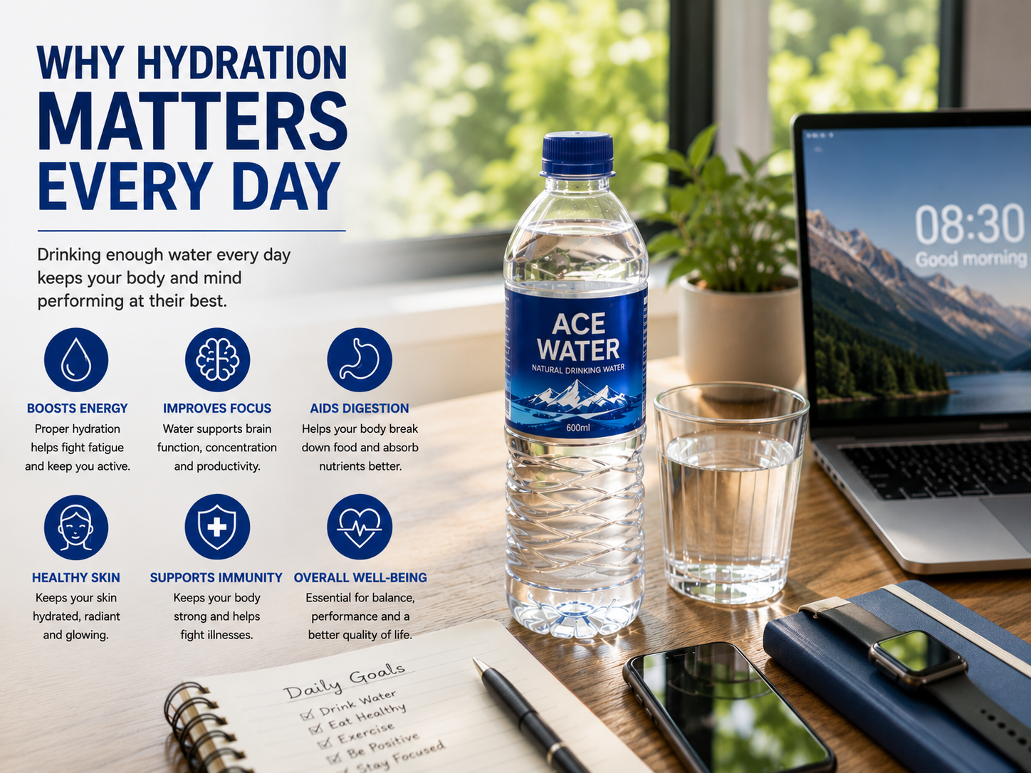 A bottle of drinking water sits on a work desk beside a glass of water, laptop, smartphone, and daily planner, representing the importance of staying hydrated every day to support energy, focus, digestion, and overall well-being.