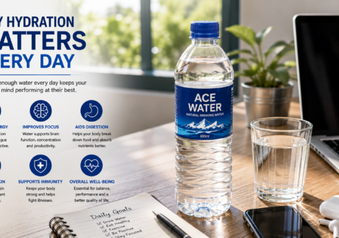 A bottle of drinking water sits on a work desk beside a glass of water, laptop, smartphone, and daily planner, representing the importance of staying hydrated every day to support energy, focus, digestion, and overall well-being.