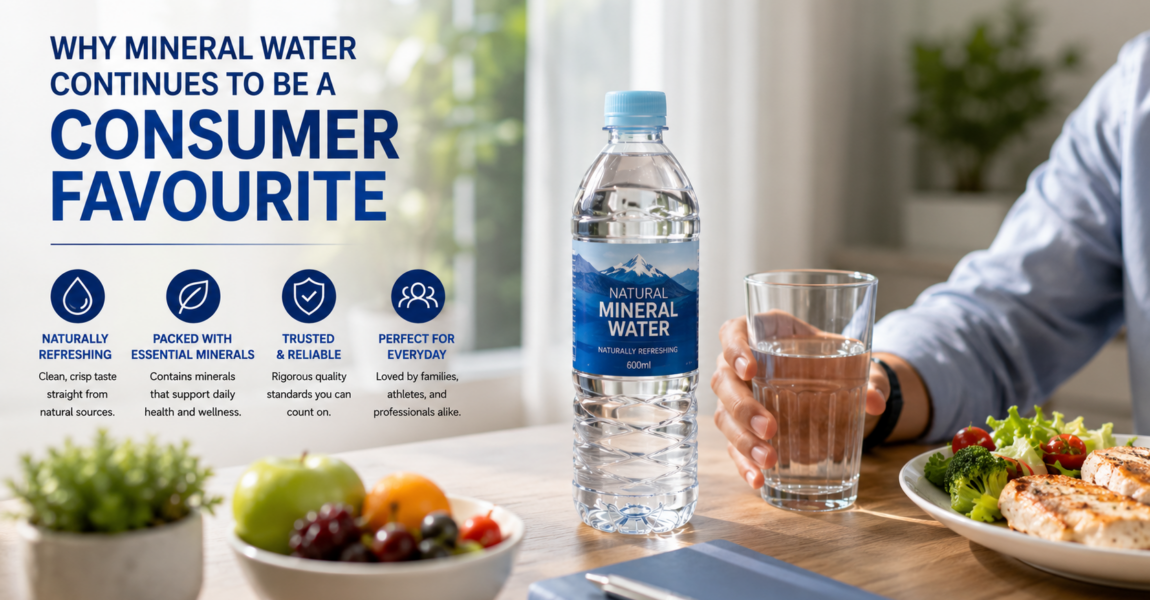 A bottle of natural mineral water sits on a dining table beside a glass of water, fresh fruit, and a healthy meal, illustrating why mineral water remains a popular choice for everyday hydration and a healthy lifestyle.