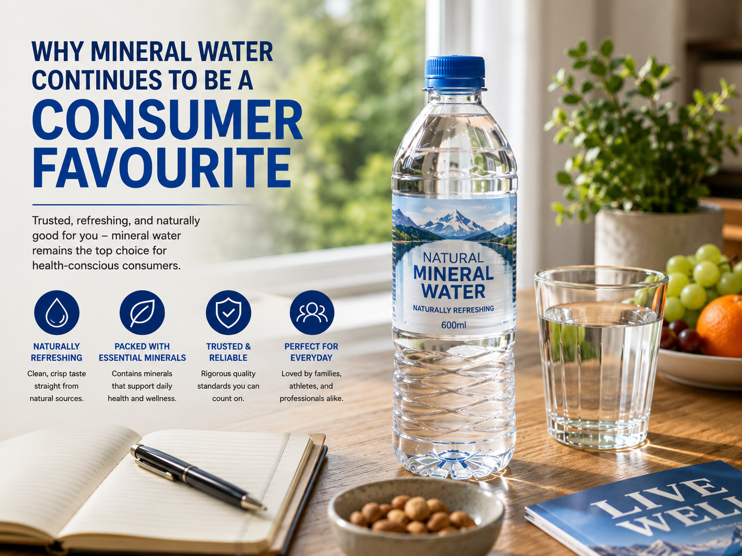 A bottle of natural mineral water sits on a dining table beside a glass of water, fresh fruit, and a healthy meal, illustrating why mineral water remains a popular choice for everyday hydration and a healthy lifestyle.
