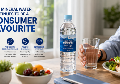 A bottle of natural mineral water sits on a dining table beside a glass of water, fresh fruit, and a healthy meal, illustrating why mineral water remains a popular choice for everyday hydration and a healthy lifestyle.
