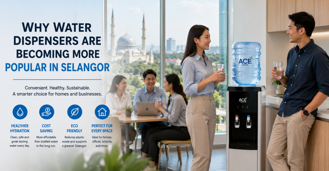 A modern office in Selangor where employees gather around a water dispenser, enjoying clean drinking water during a break. The bright workspace highlights how water dispensers support healthy hydration, convenience, and productivity for homes and businesses.