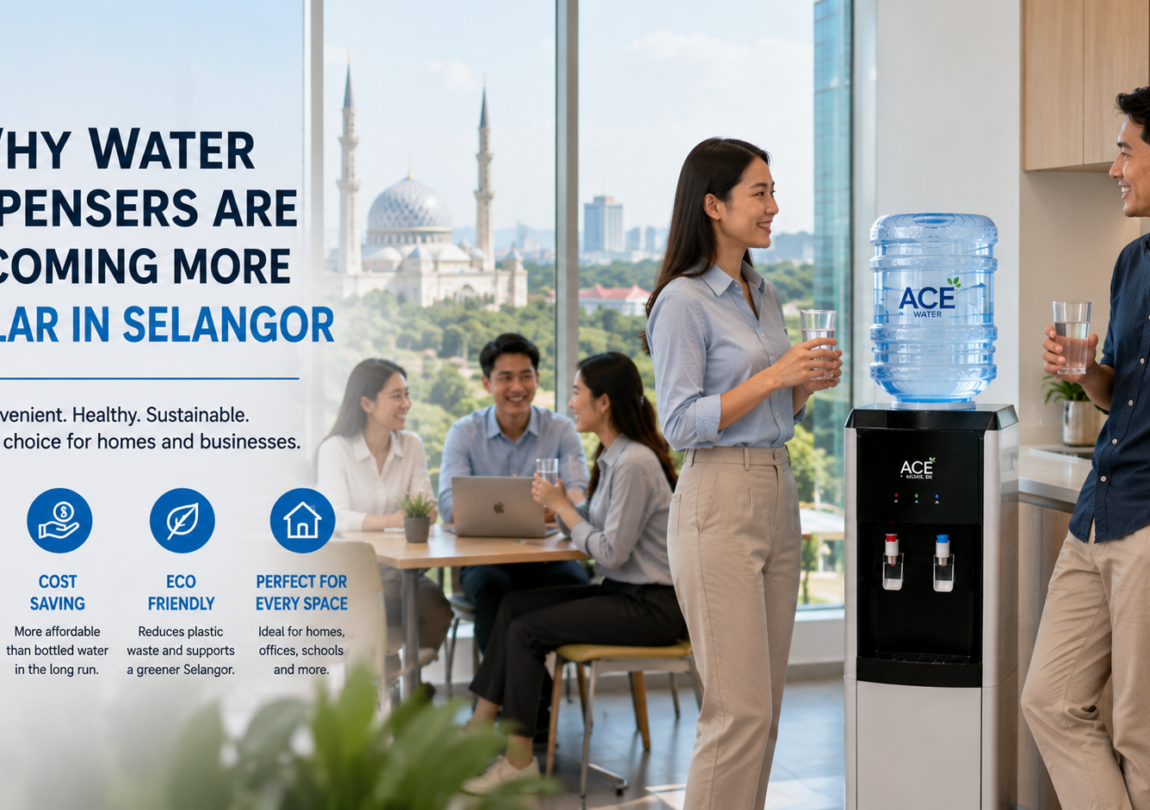 A modern office in Selangor where employees gather around a water dispenser, enjoying clean drinking water during a break. The bright workspace highlights how water dispensers support healthy hydration, convenience, and productivity for homes and businesses.