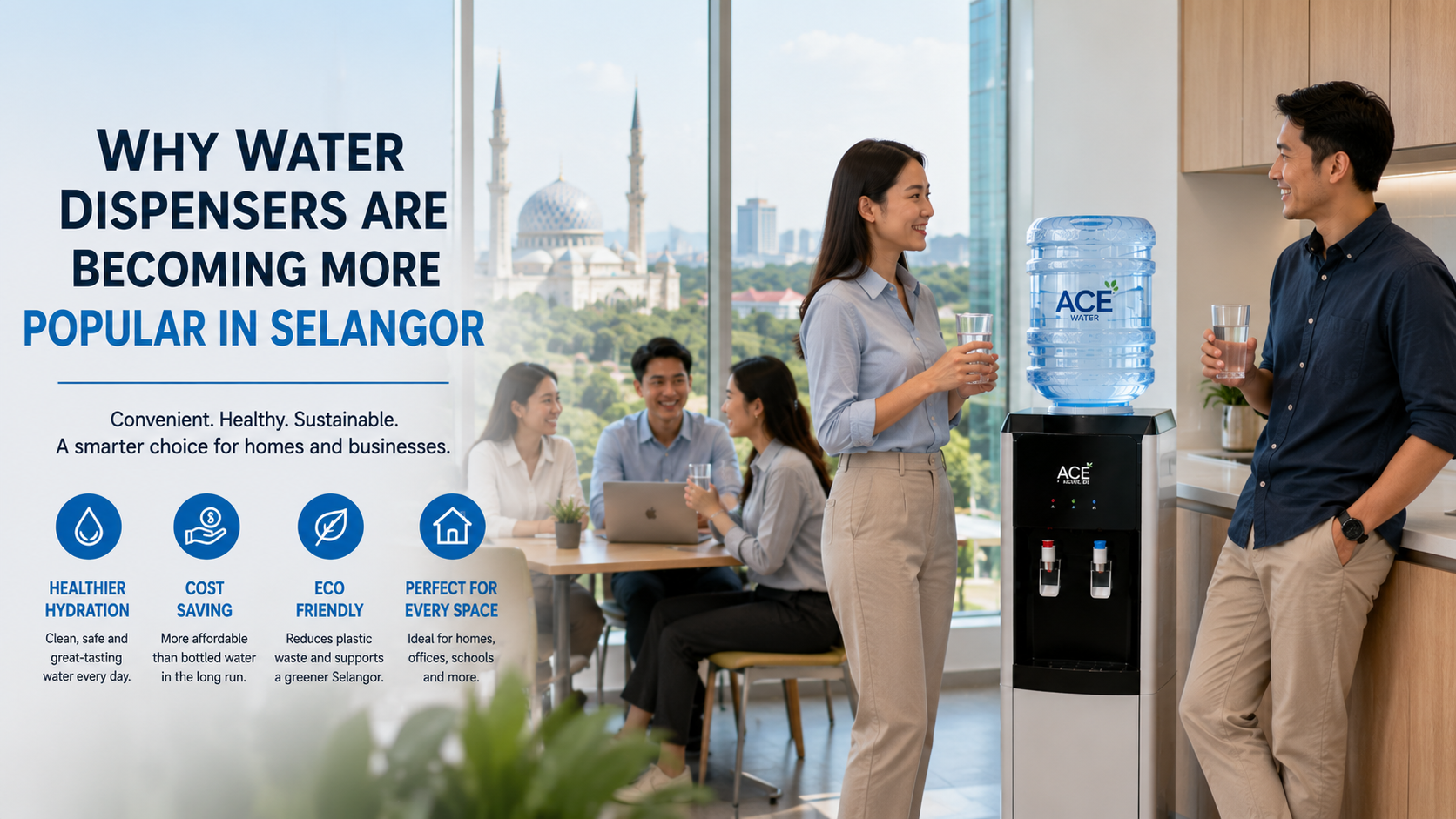 A modern office in Selangor where employees gather around a water dispenser, enjoying clean drinking water during a break. The bright workspace highlights how water dispensers support healthy hydration, convenience, and productivity for homes and businesses.