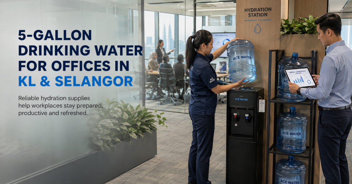 Ace Water staff setting up a 5-gallon drinking water bottle and water dispenser at a modern office in Kuala Lumpur, highlighting reliable workplace drinking water supply for offices in KL and Selangor.