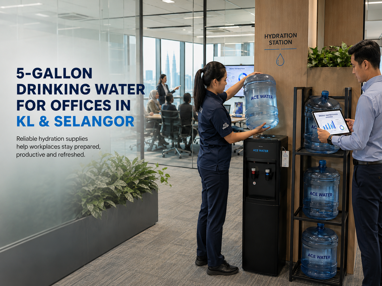 Ace Water staff setting up a 5-gallon drinking water bottle and water dispenser at a modern office in Kuala Lumpur, highlighting reliable workplace drinking water supply for offices in KL and Selangor.