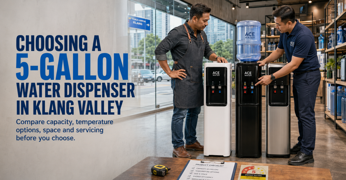 A customer compares different 5-gallon water dispensers with assistance from an Ace Water representative in Klang Valley, highlighting important factors such as capacity, temperature options, space, energy efficiency, and servicing support.