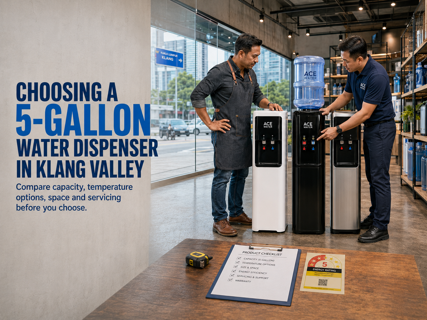 A customer compares different 5-gallon water dispensers with assistance from an Ace Water representative in Klang Valley, highlighting important factors such as capacity, temperature options, space, energy efficiency, and servicing support.