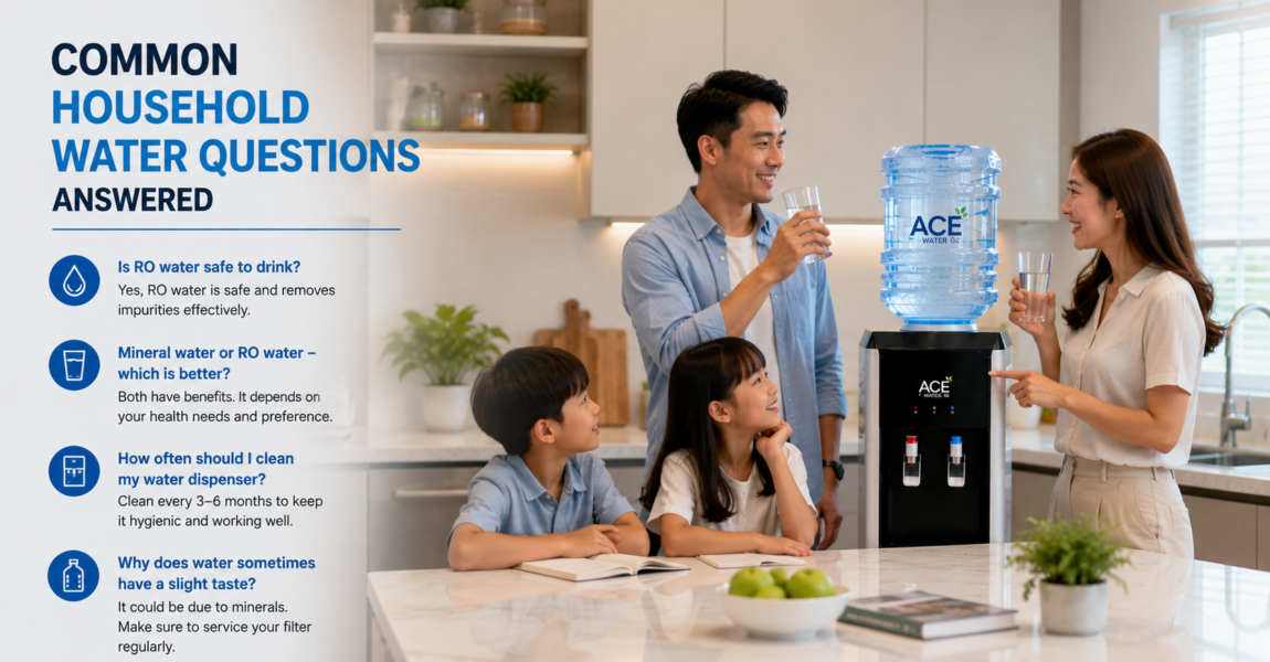 A family gathers around a kitchen water dispenser, enjoying clean drinking water while discussing common household water questions. The scene highlights safe hydration, water dispenser use, and informed choices for healthy drinking water at home.