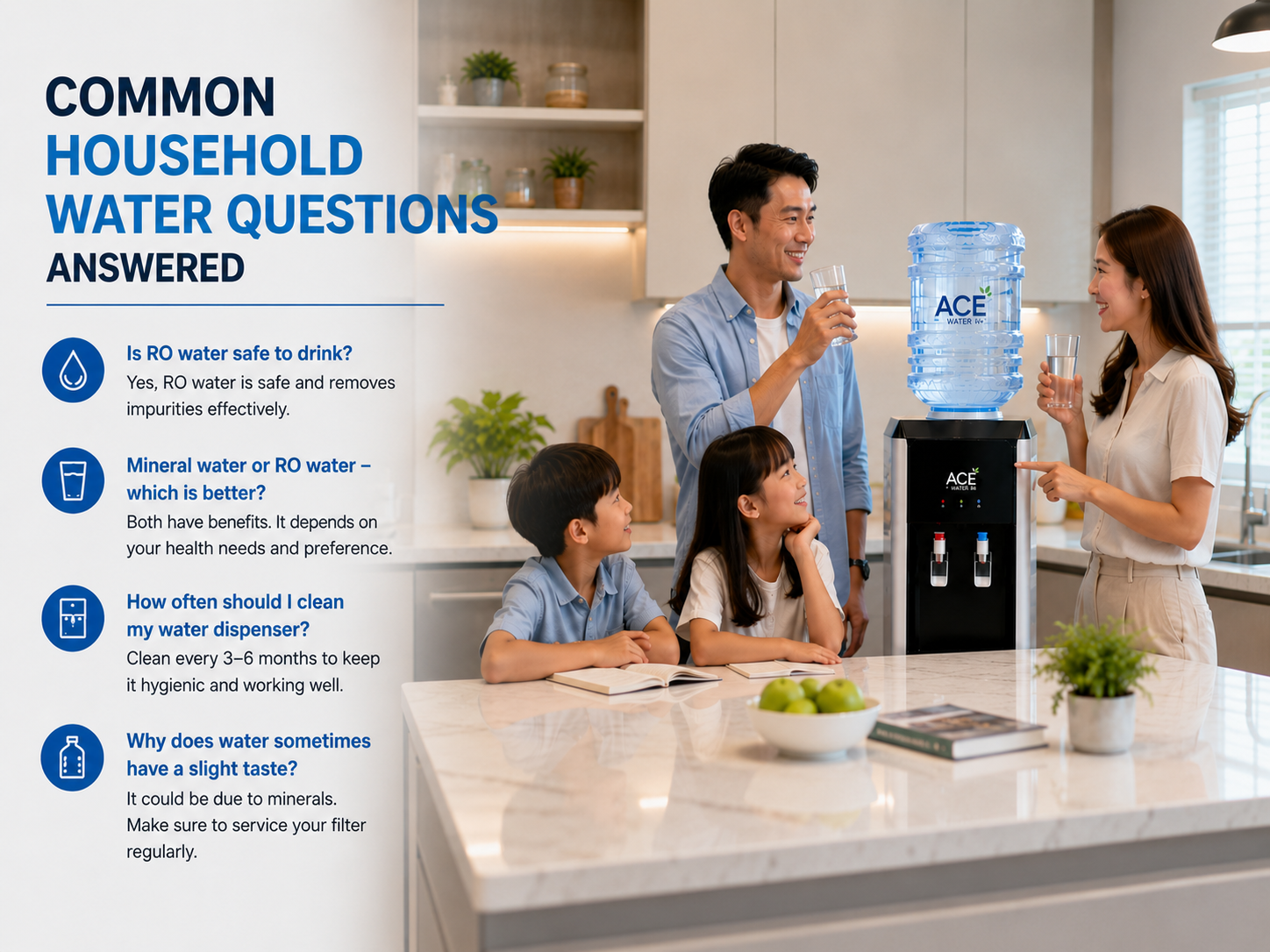 A family gathers around a kitchen water dispenser, enjoying clean drinking water while discussing common household water questions. The scene highlights safe hydration, water dispenser use, and informed choices for healthy drinking water at home.