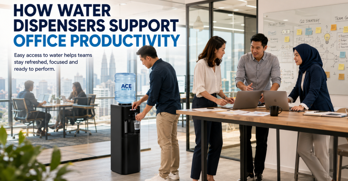 Employees collaborate in a modern office while using a water dispenser to stay hydrated during the workday. The clean workspace highlights how easy access to drinking water supports employee well-being, focus, teamwork, and overall office productivity.